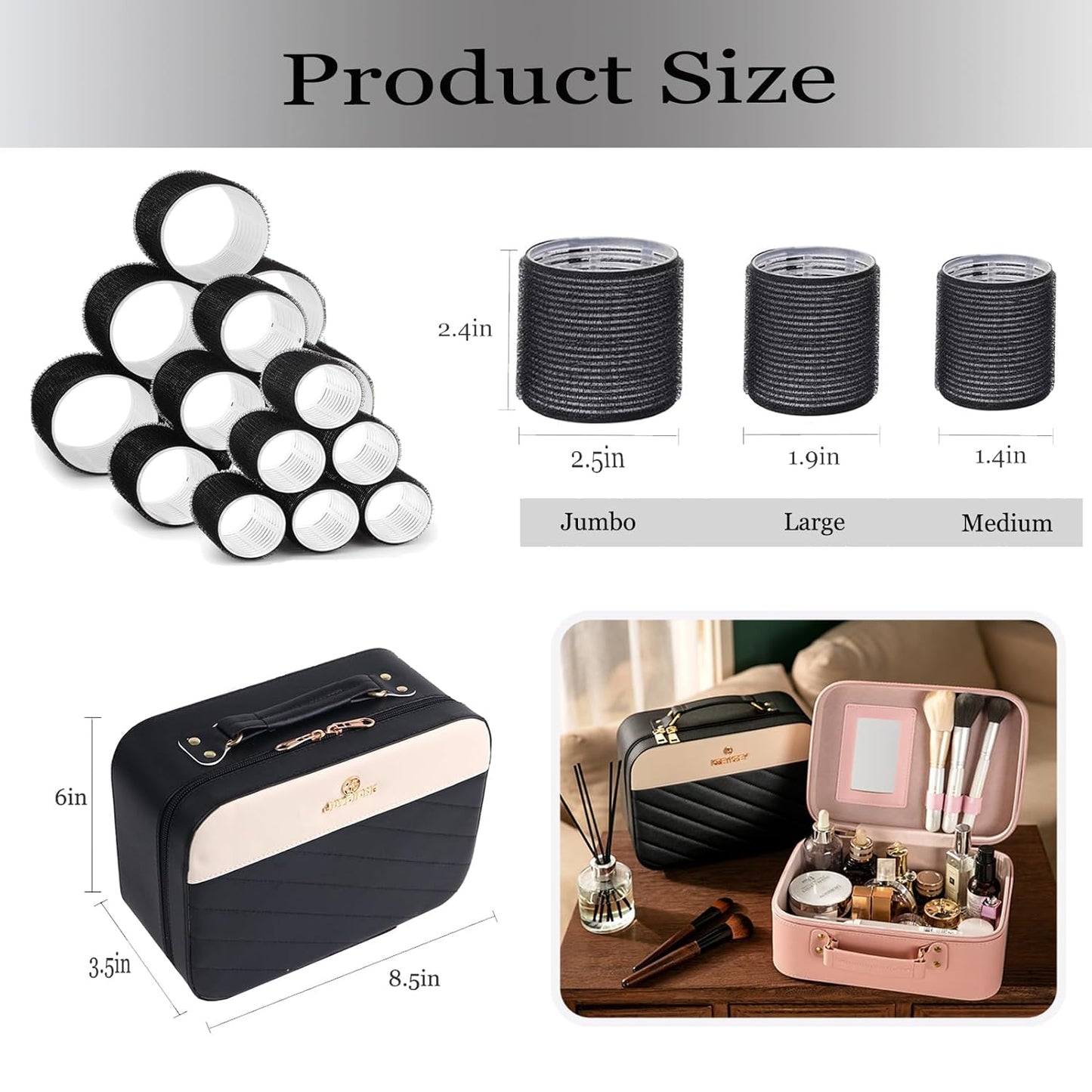 Skiennix Hair Roller Set - Velcro Self-Grip Curlers for DIY Styles | 18-Piece Jumbo, Large & Medium with Makeup Case, Clips & Comb