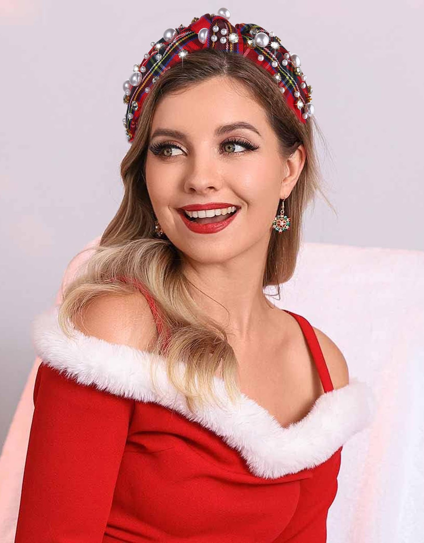 GLBCC Christmas Headband for Women White Pearl Rhinestone Crystal Jeweled Embellished Hairband Wide Top Knot Hairband Headpieces Christmas Holiday Party Costume Decoration (red plaid knot hairband)