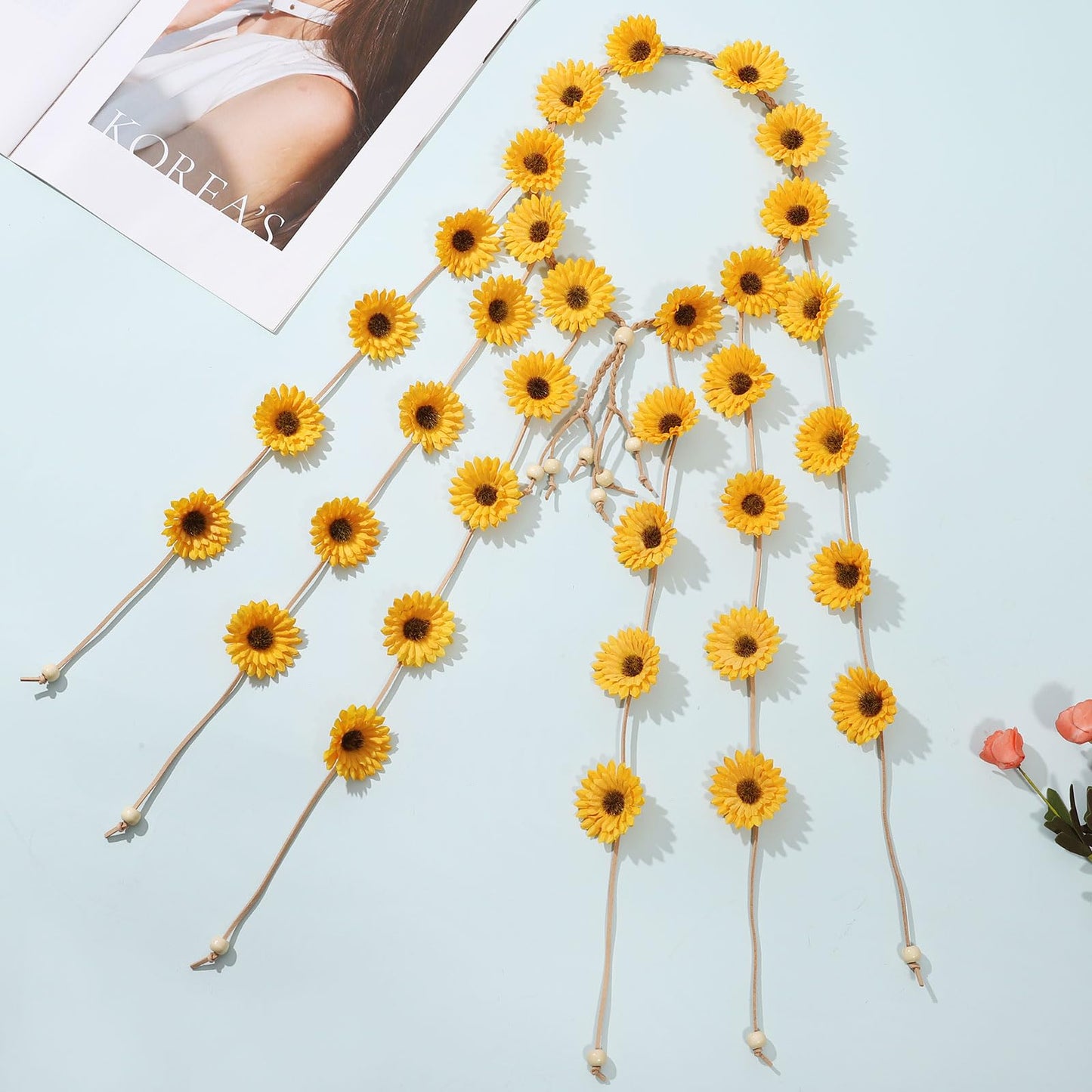 AWAYTR Flower Hippie Floral Crown - Yellow (Adult) - Hairband for Women, Sunflower Headband for Hippie Costume and Hair Accessories, ONE SIZE, HAIRBAND