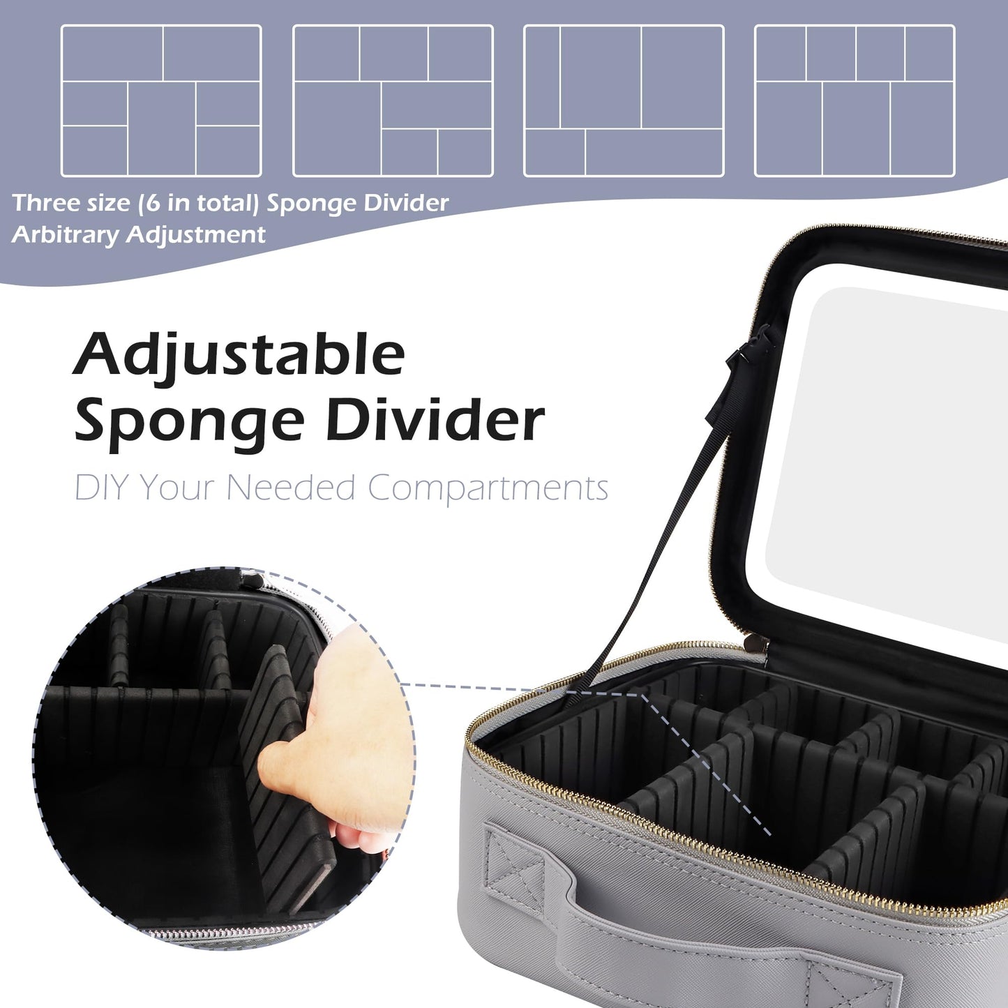 MOMIRA Travel Makeup Bag Cosmetic Bag Makeup Organizer Bag with Large Lighted Mirror 3 Color Scenarios Adjustable Brightness, Waterproof Makeup Travel Case(Grayish)