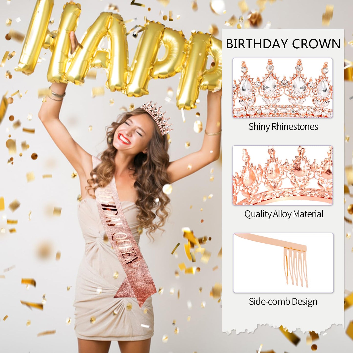 Vovii Birthday Crown & Sash Set for Women, Rose Gold Rhinestone Tiara & Birthday Queen Sash for Women Birthday Decorations, Happy Birthday Party Decorations for Birthday Crown Adult Woman