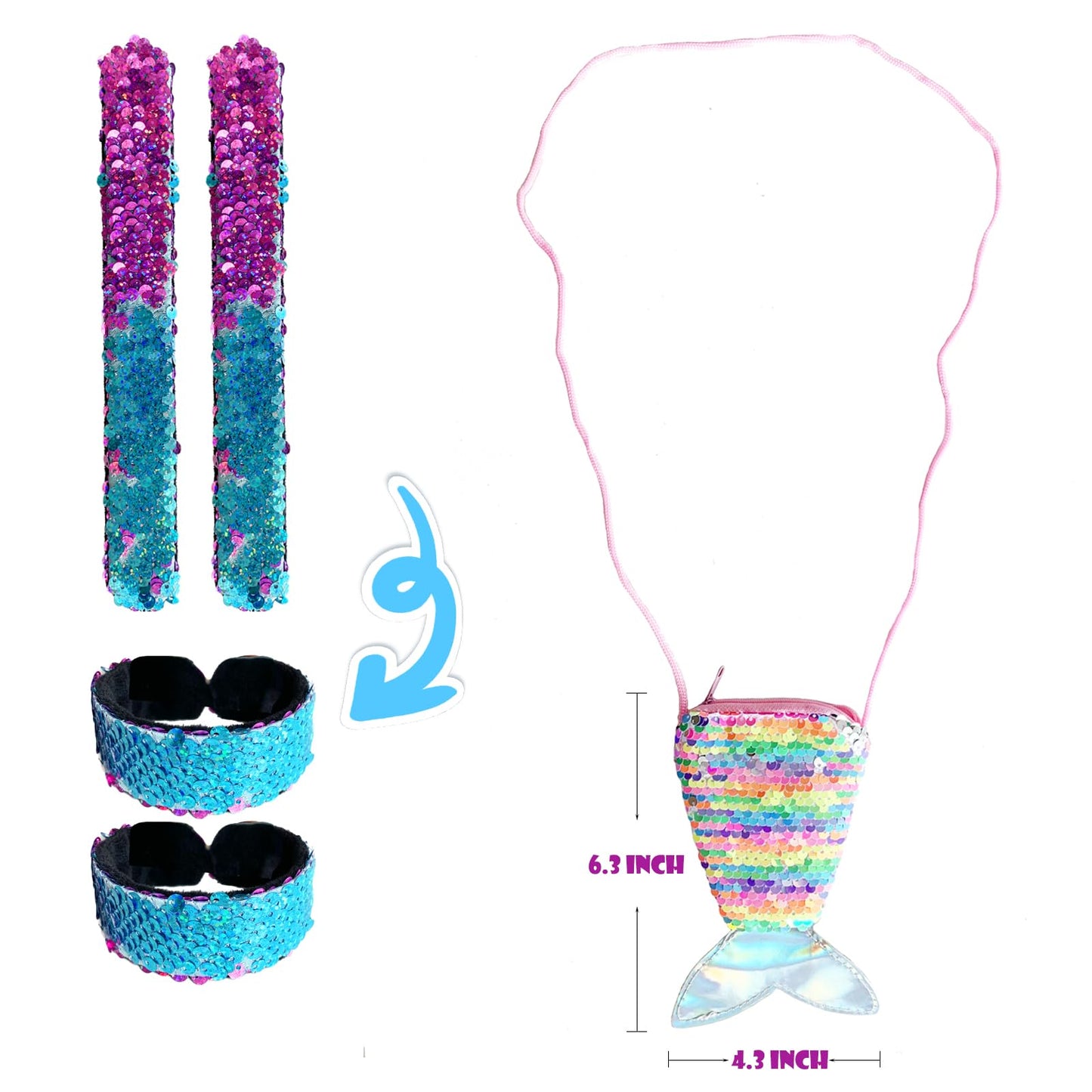 Vegove Girl's Little Mermaid Outfits 2 Pieces Suspender Skirts, Mermaid Crown Sequin Slap Bracelets & Pouch Halloween Costume (Purple, 4-5 Years Old)