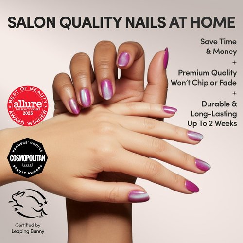 Glamnetic Press On Nails - Berry Fizz | Short Oval, Magenta Fake Nails with a Mesmerizing Metallic Finish | 15 Sizes - 30 Nail Kit with Glue