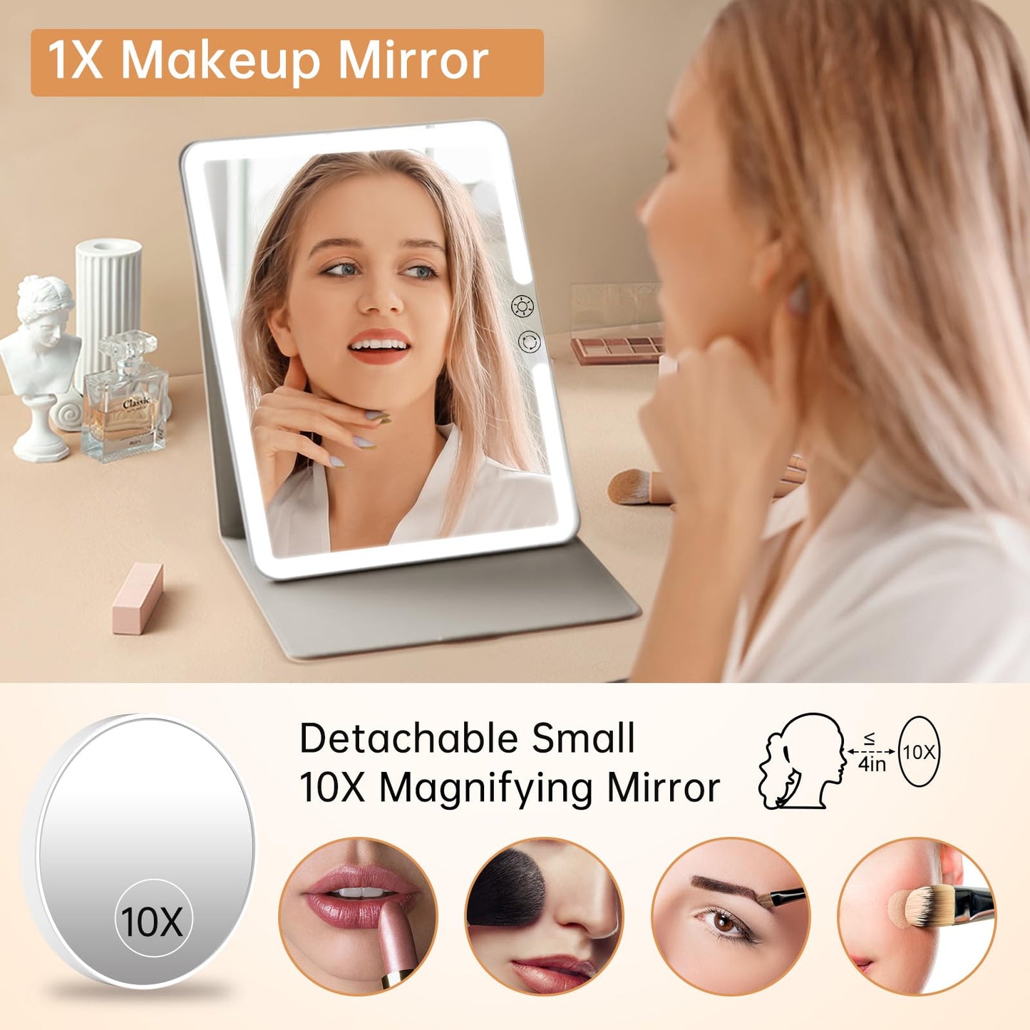FUNTOUCH 2500mAh Large Rechargeable Travel Makeup Mirror with Light, Portable Makeup Mirror with 10X Magnifying Mirror, 3 Lighting Modes, Tabletop Folding Travel Mirror with PU Leather Cover (White)