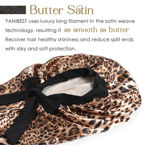 2 Pcs Hair Bonnets for Women Satin, Black Leopard Soft Elastic Band Long Satin Bonnet Sleeping Cap for Women Bonnet for Braids