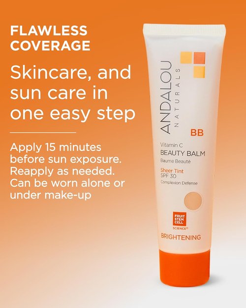 Andalou Naturals Vitamin C BB Beauty Balm SPF 30 - Sheer Tint 2-in-1 BB Cream & Mineral Sunscreen - 2 fl oz