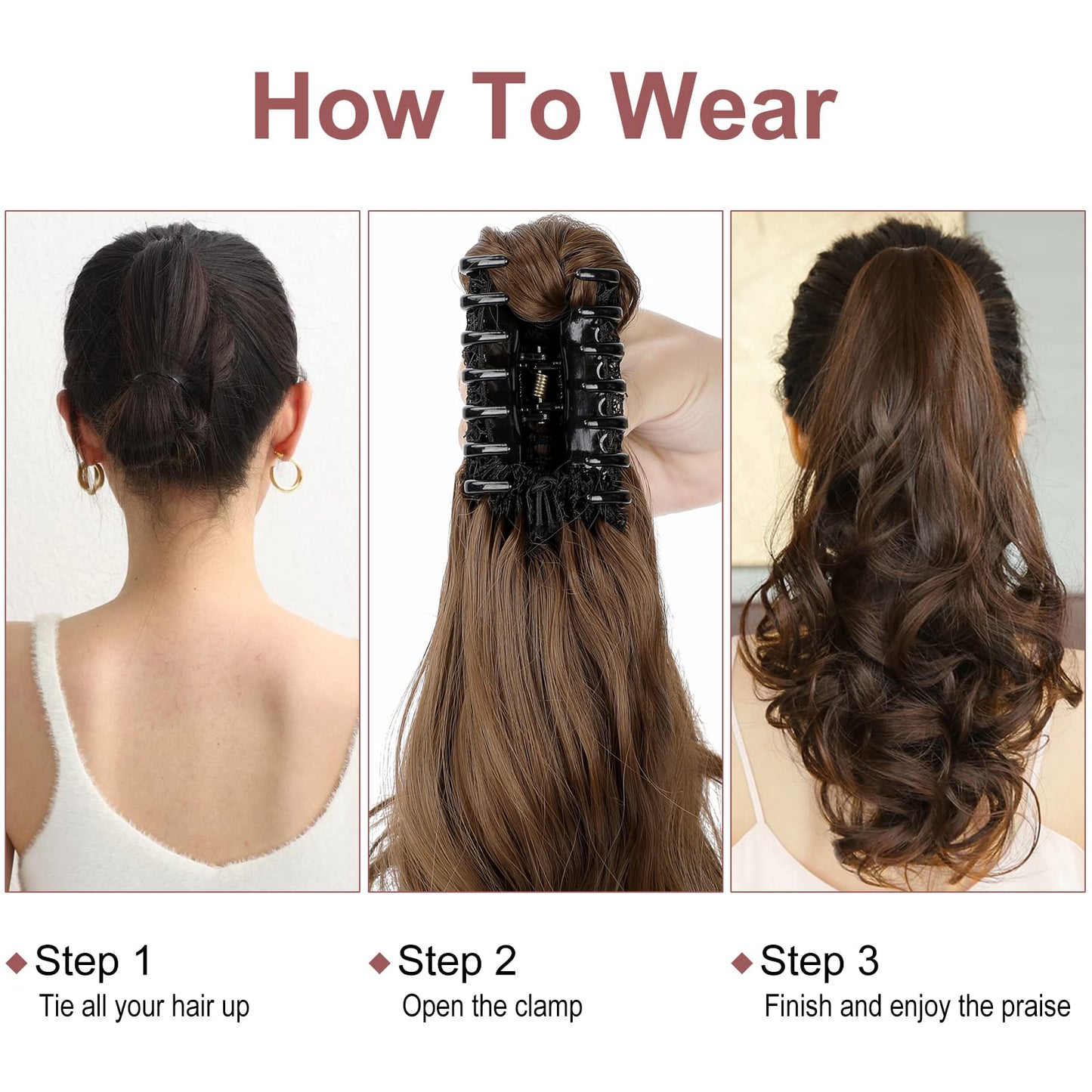 Leterly Ponytail Extension Clip in Claw 18" Curly Wavy Pony Tails Clip-on Long Hairpiece Jaw for Women Dark Brown