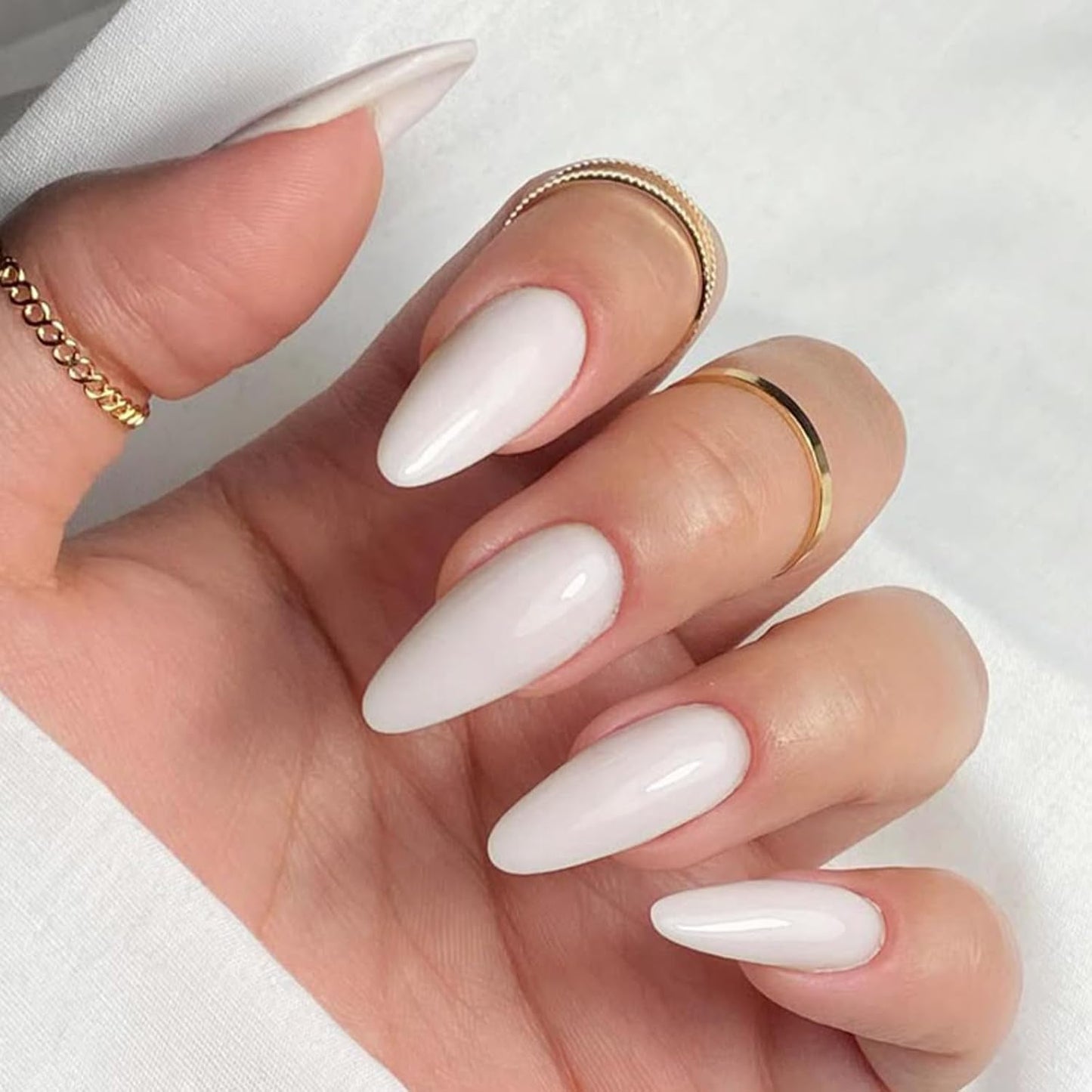 Skiennix Cream White Press-On Nails - Medium Almond Glossy Acrylic Fake Nails for Women