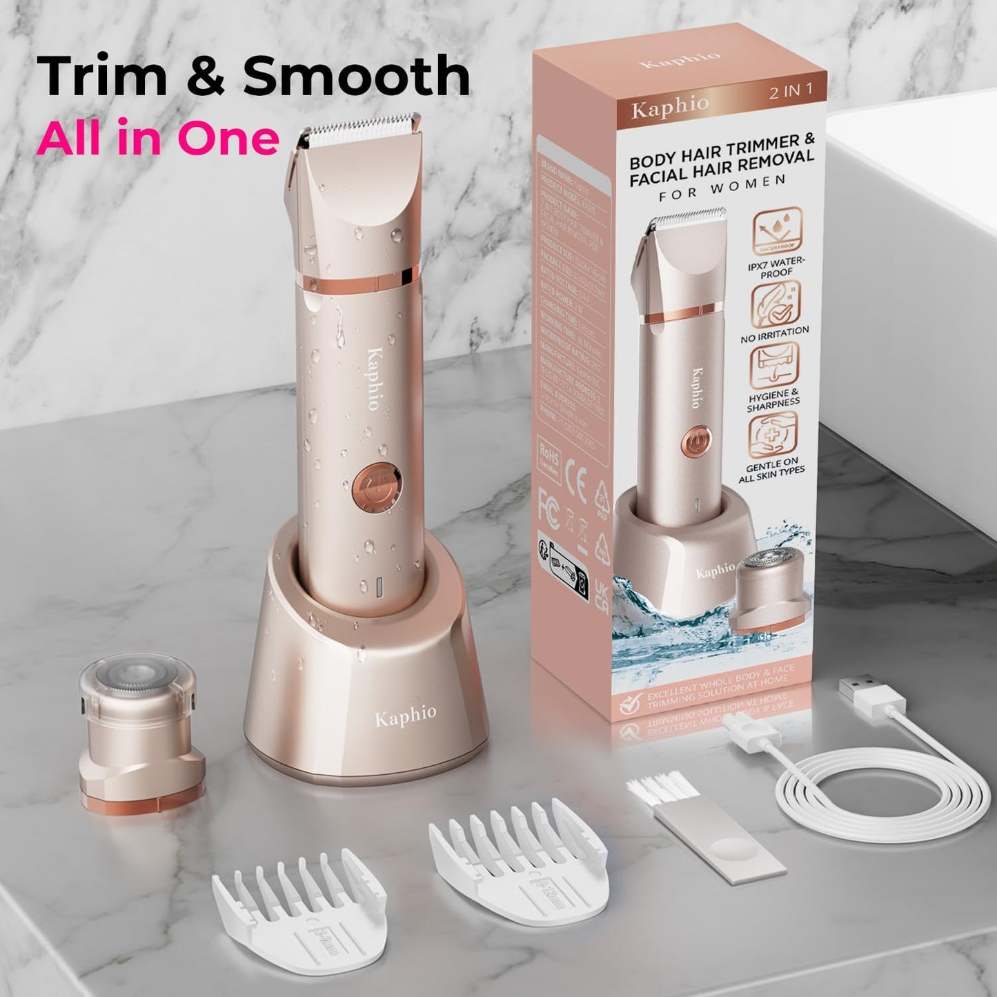 Skiennix Bikini Trimmer for Women - IPX7 Waterproof & Painless Electric Razor for Body Hair (Gold)
