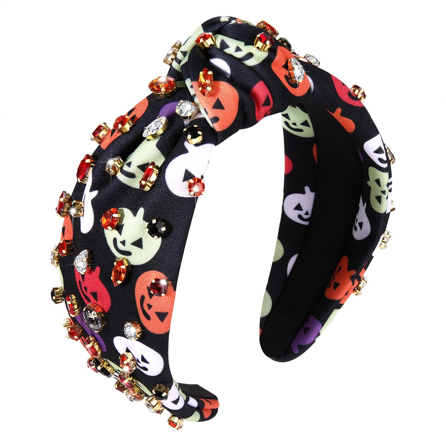 Halloween Crystal Knotted Headband for Women Rhinestone Jeweled Embellished Spooky Ghost Print Wide Top Knot Hairband Halloween Costume Party Hair Accessory (Colorful Pumpkin)