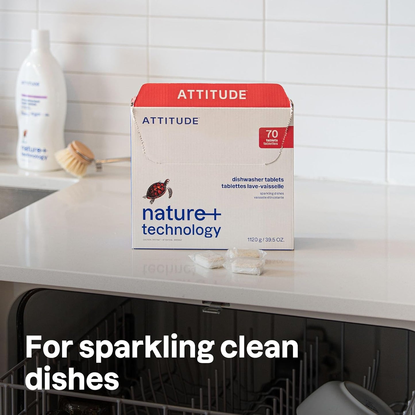 ATTITUDE Dishwasher Pods - Plant-Based Vegan Detergent Tablets | Phosphate-Free, Unscented, 70 Count