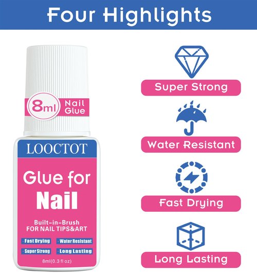 Super Strong Nail Glue for Nail Tips,Acrylic Nails and Press on Nails,Built in Brush on Nail Glue for Press on Nails,Long Lasting Nail Cement(8ml*2)