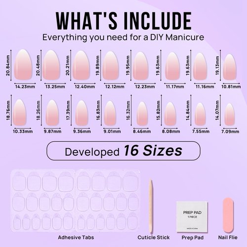 Almond Press On Nails Medium - BTArtbox Soft Gel Ombre Fake Nails with Nail Glue, Semi-Transparent Reusable Glue On Nails in 16 Sizes - 32PCS Stick On Nails Kit, Vanilla Cream Almond