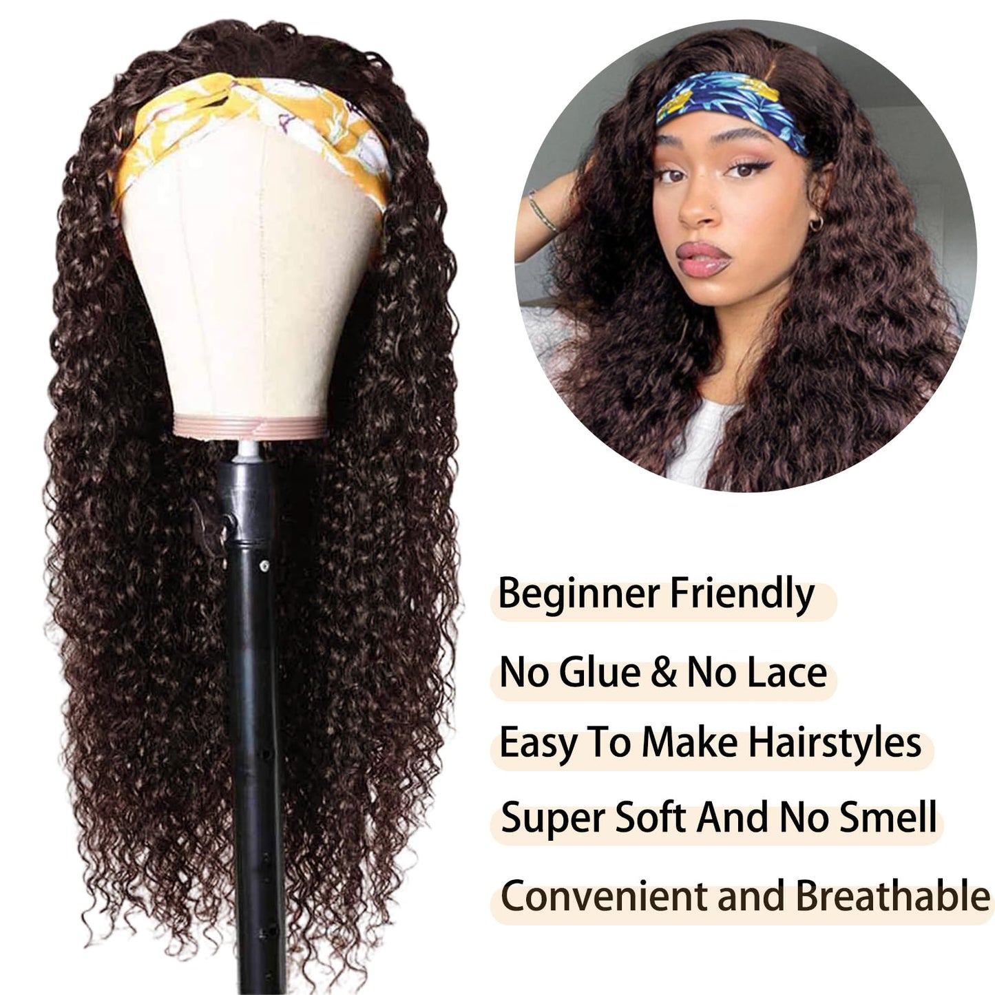 Aiterina Headband Wig Human Hair Headband Wig Deep Wave Human Hair Wigs for Black Women Glueless Human Hair Wigs Machine Made 150% Density No Lace Deep Headband Wig Chocolate Brown 12 inch