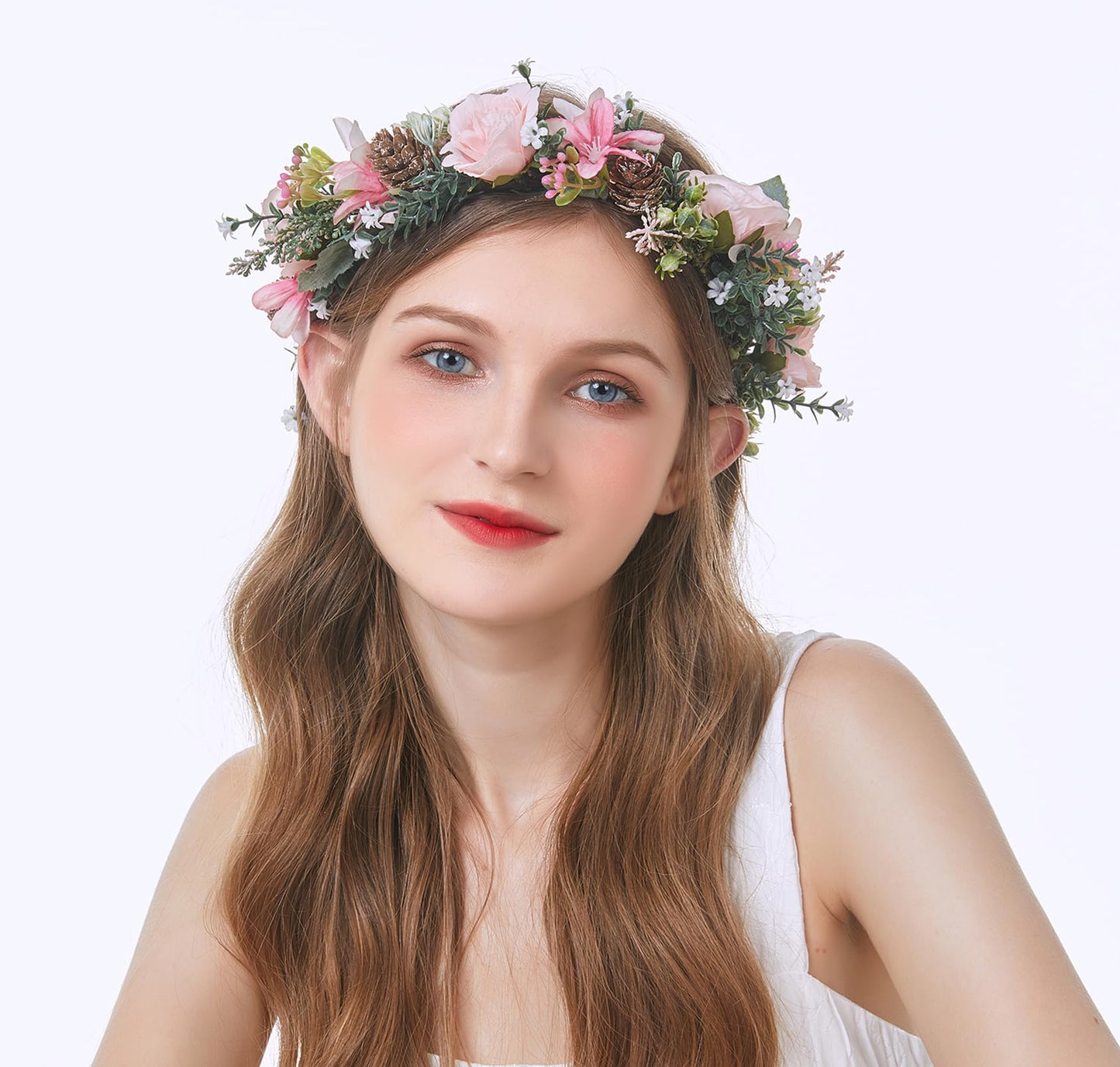 Vivivalue Floral Crown Girl Flower Headband Hair Wreath Floral Headpiece Halo Boho with Ribbon Wedding Party Festival Photos