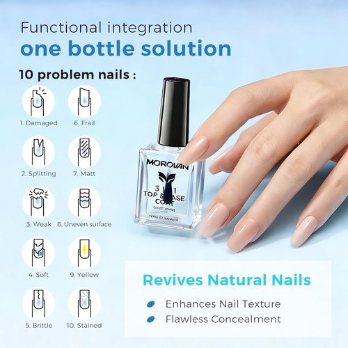 Morovan Nail Strengthener - 3-in-1 Base Coat & Top Coat for Quick Drying, Clear Finish, Long-Lasting Shine