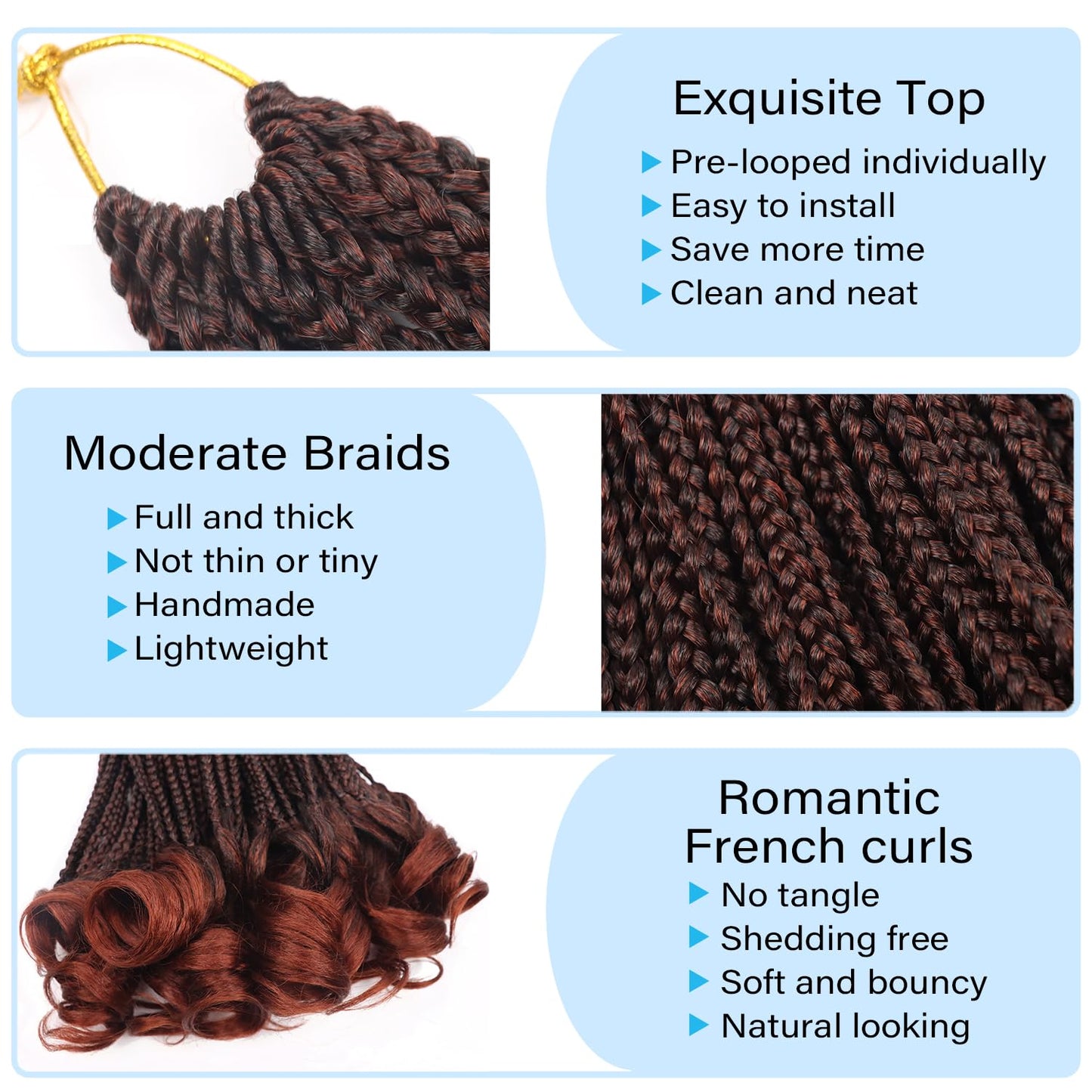 French Curl Braiding Hair Black Ginger Braiding Hair Crochet Braids 10 Inch Goddess Box Braids Crochet Hair Short Crochet Braids French Curls Braids Pre Looped Curly Braiding Hair Extensions(1B/350)