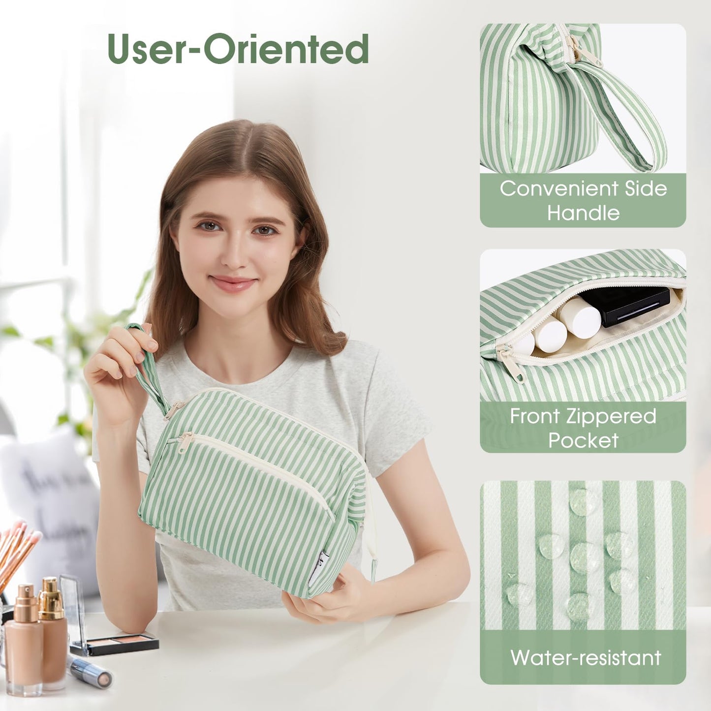 Narwey Striped Makeup Bag Women Wide-open Make up Bag Travel Cosmetic Bag Organizer Toiletry Bag for Cosmetics Toiletries Accessories (Mint Green Stripe)