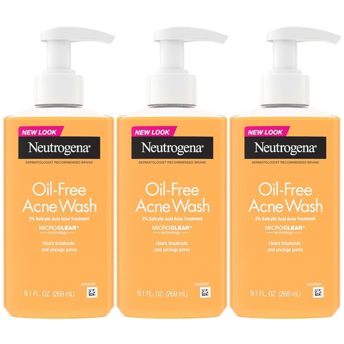 Neutrogena Acne Fighting Facial Cleanser - Oil-Free with Salicylic Acid, Non-Comedogenic | 9.1 fl oz Pump, 3 Pack