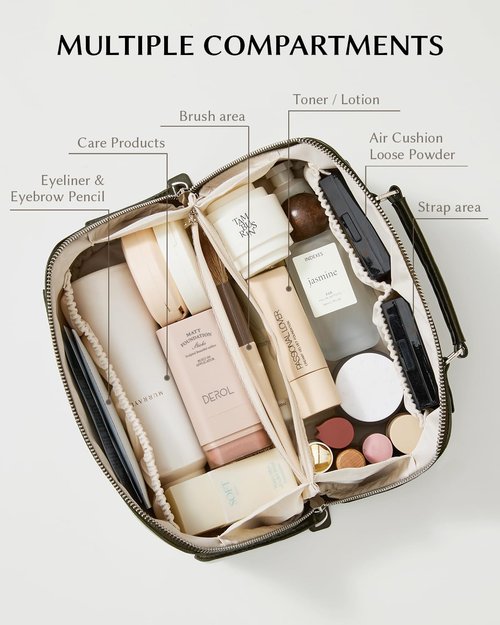 EACHY Makeup Bag, Large Capacity Cosmetic Bags for Women, Waterproof PU Leather Flat Open Toiletry Bag with Makeup Brush Organizer