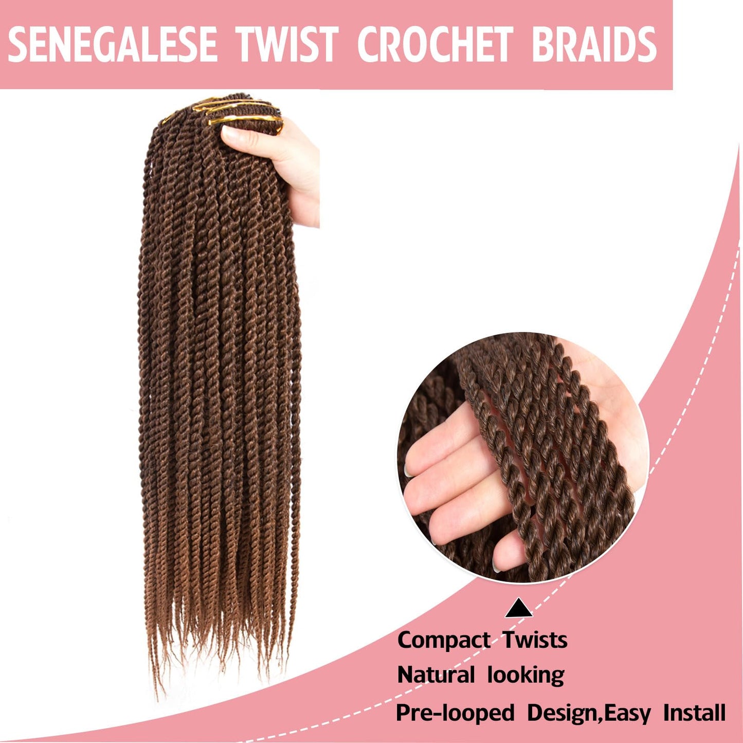BEFUNNY Senegalese Twist Crochet Hair-8 Packs 18 Inch Two Tone Senegalese Twist Crochet Braids For Women Human Hair,Black/Brown Pre Looped Crochet Braids, Synthetic Twist Crochet Hair (18in,T1B/30#)