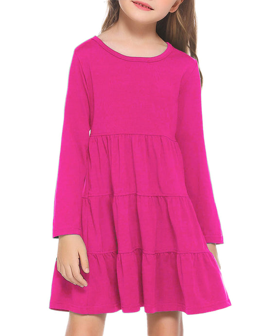 Arshiner Girls Long Sleeve Dress Fall Cotton Crewneck Tiered Ruffle Swing Solid Casual Midi Dresses Hot Pink 6 Years