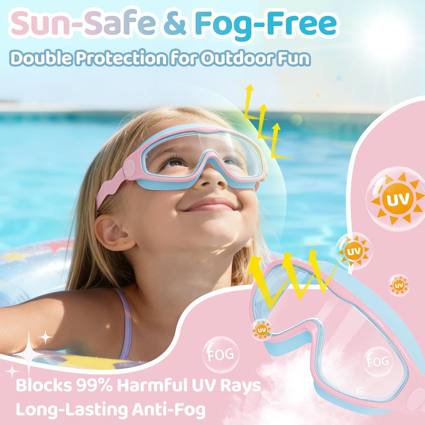 Vvinca Kids Swim Goggles - Anti-Fog, Leak-Free Design with Soft Wave-Shape Strap | 2 Pack for Ages 3-15