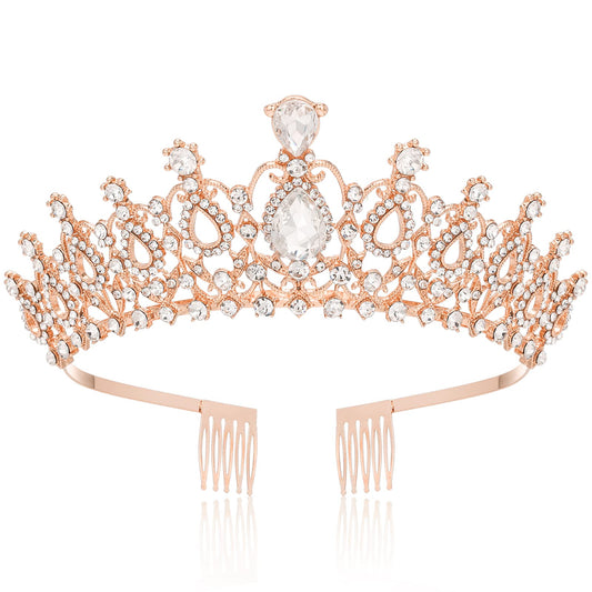 Makone Crowns for Women,Rose Gold Princess Crown, Crystal Crown for Bridal, Wedding, Pageant, Birthday, Party