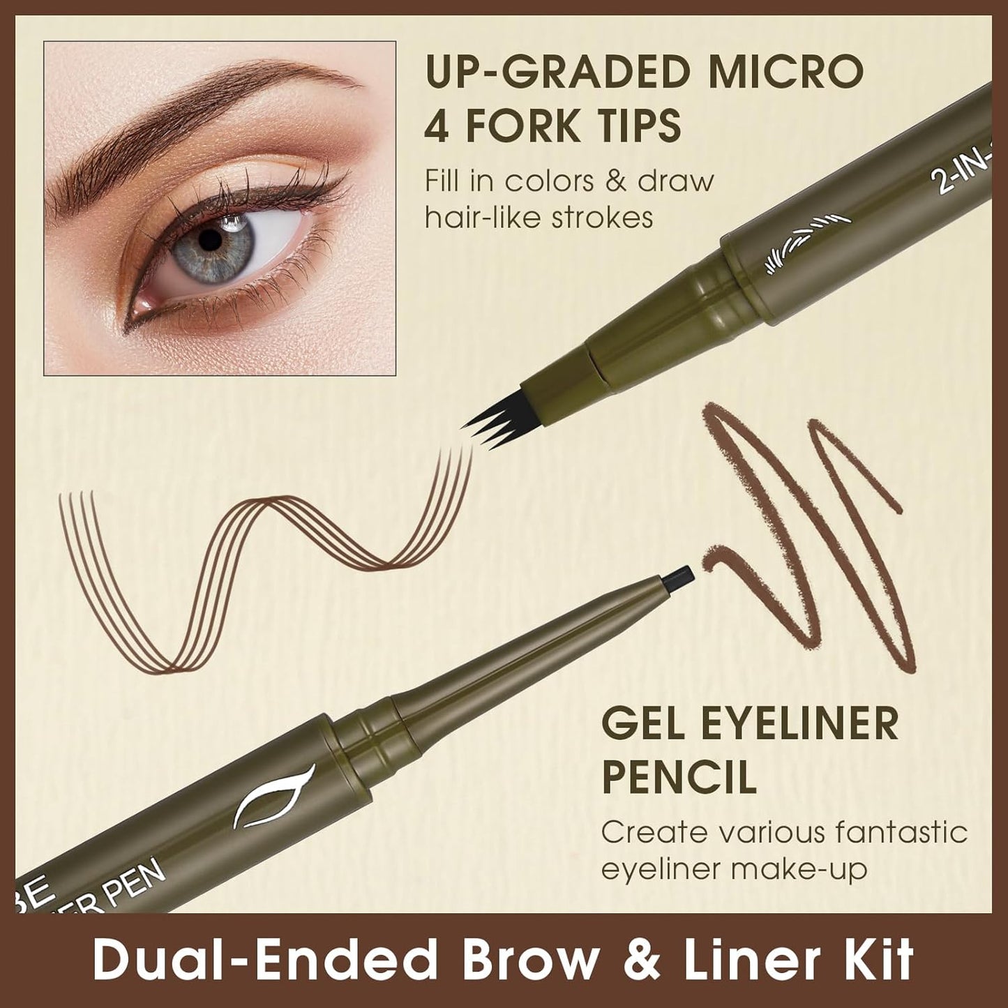 UCANBE Eyebrow Pen - Dual-Ended Pencil with 4-Fork Tip & Gel Eyeliner - Dark Brown, Hair-Like Strokes