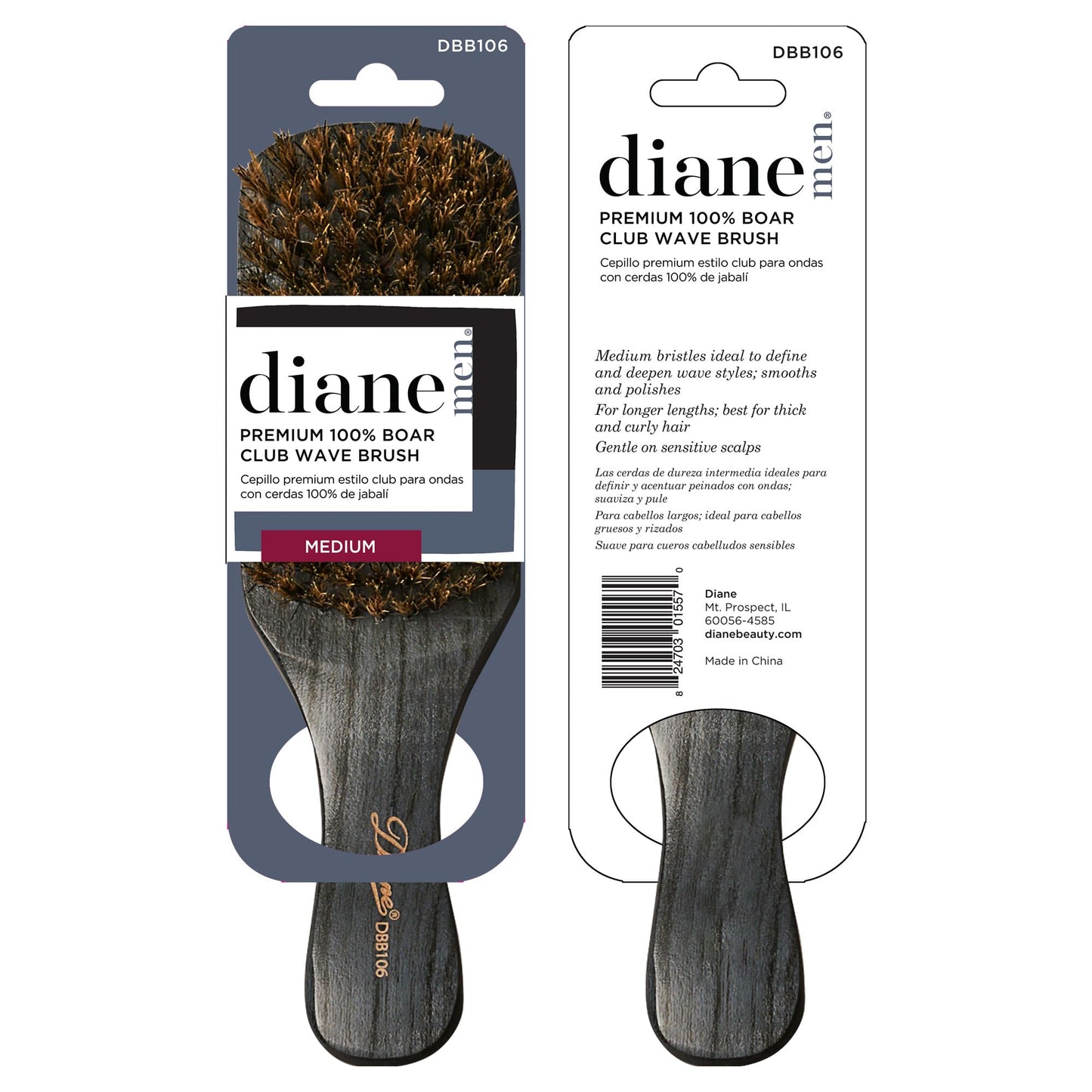 Diane Premium 100% Boar Bristle Club Wave Brush for Men and Barbers – Medium Bristles for Thick Coarse Hair – Use for Detangling, Smoothing, Wave Styles, Soft on Scalp, Restore Shine and Texture