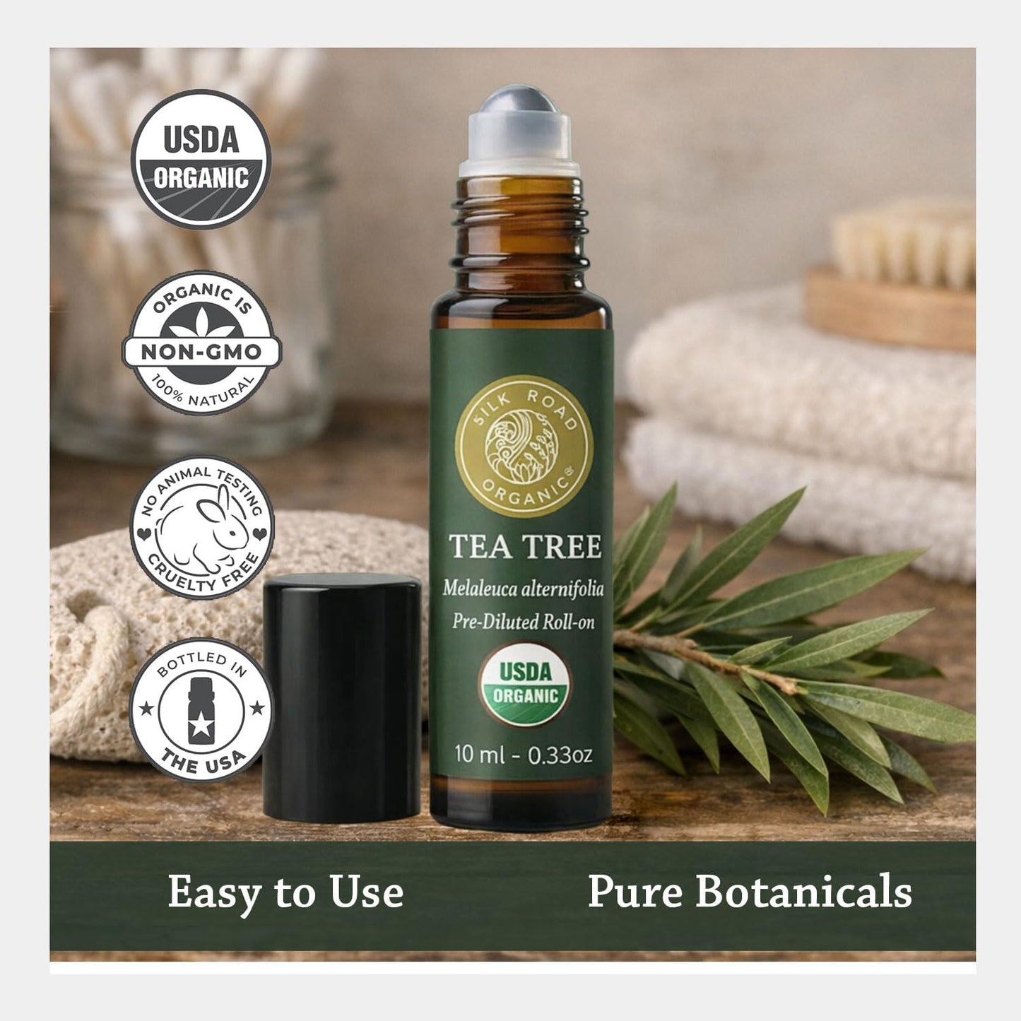 Silk Road Tea Tree Essential Oil Roll-On | 100% Pure USDA Certified for Healthy Skin & Nail Care - 10 ml