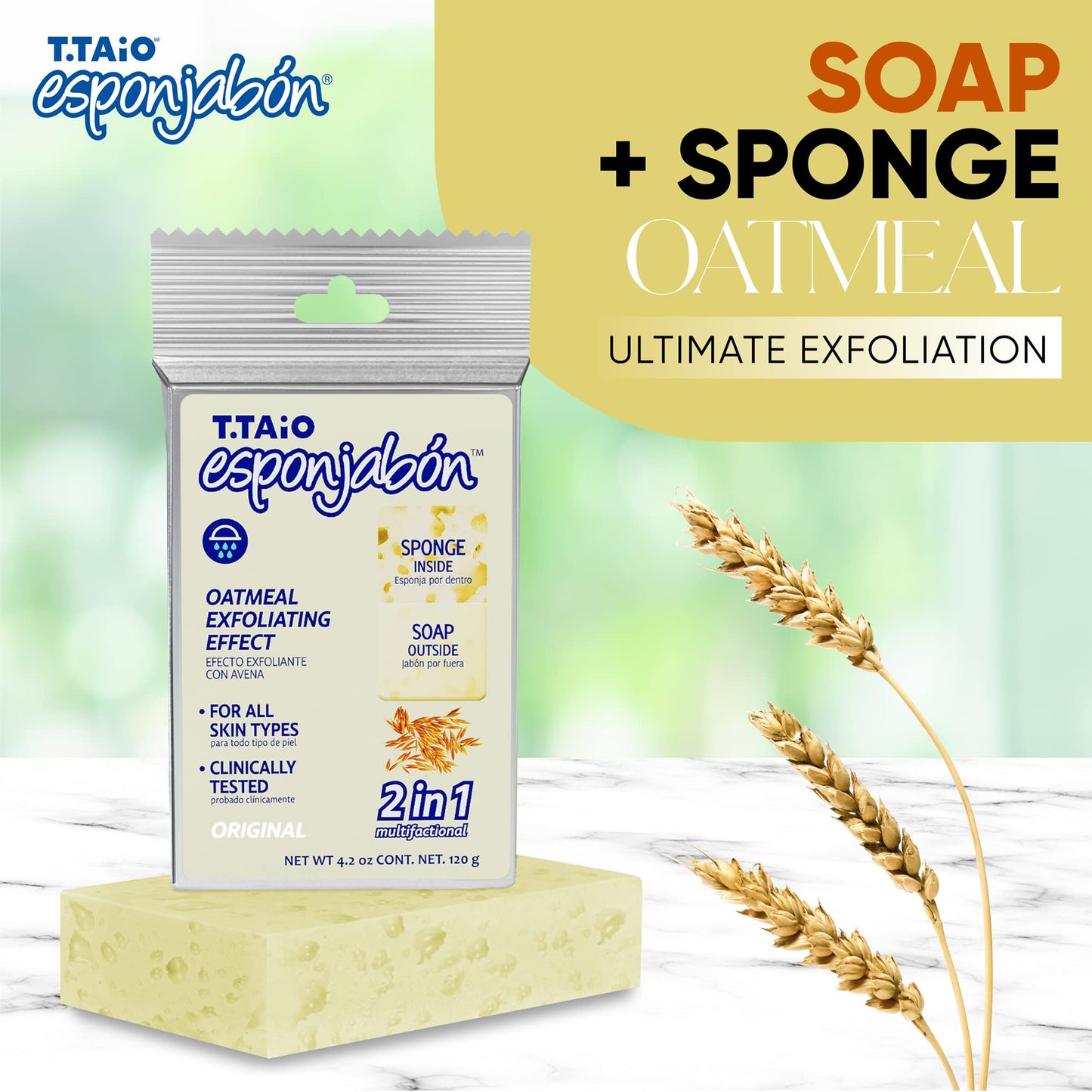 T.Taio Esponjabon Mother of Pearl Soap Sponge - Revitalizing Shower Scrubber for Bath Wash & Oil Removal - Bathroom Essentials with Fresh Scents - Oat with Mini