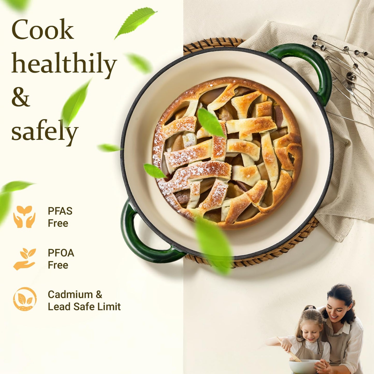 Overmont Enameled Cast Iron Dutch Oven - 4.5QT Pot with Lid Cookbook & Cotton Potholders - Heavy-Duty Cookware for Braising, Stews, Roasting, Bread Baking bottle green