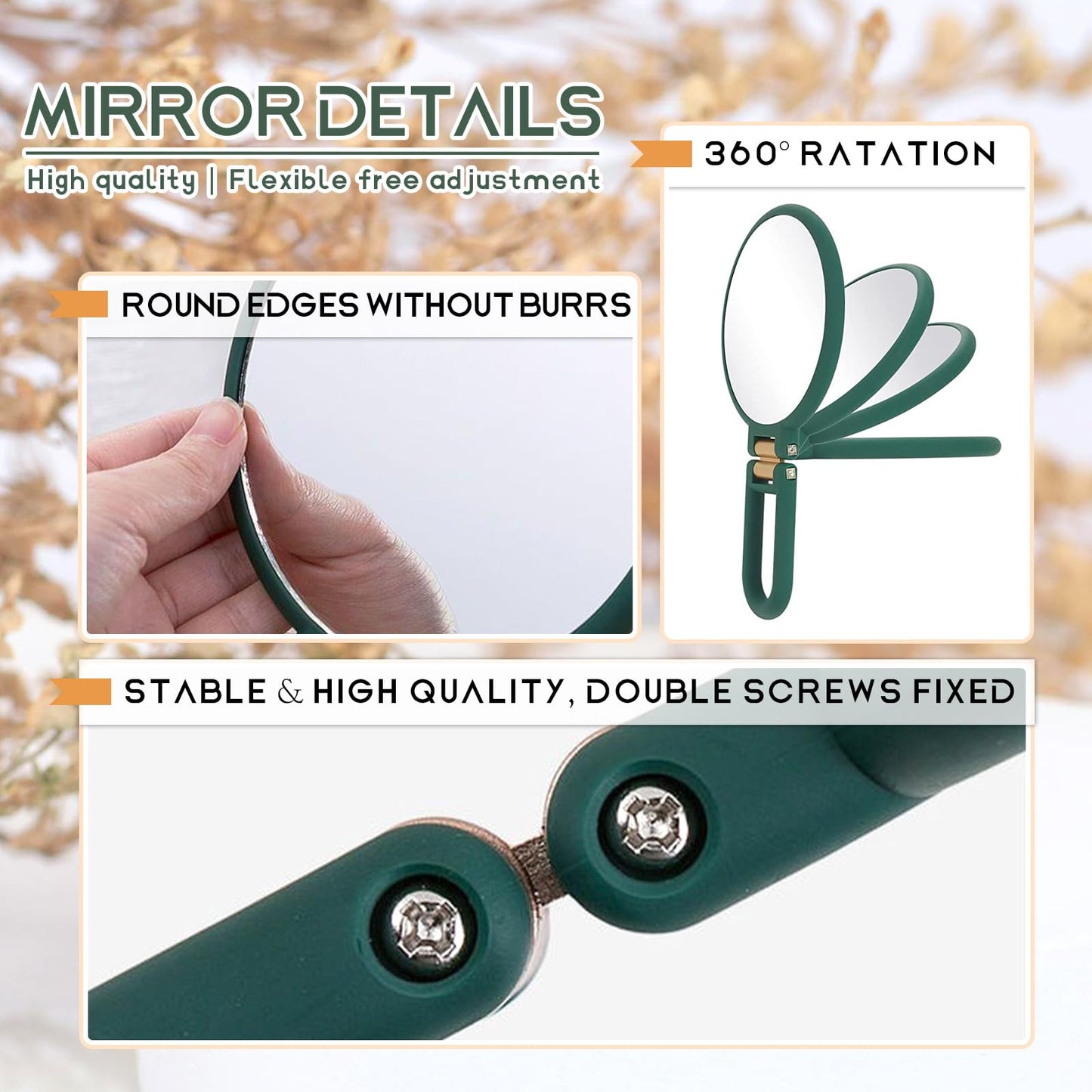 Novadex 1x 5X Magnifying Mirror, Handheld Hand Mirror with Handle, Travel Hand Held Vanity Mirror, Compact Double Sided Portable Magnification Small Make Up Mirrors for Precision Makeup (Army Green)