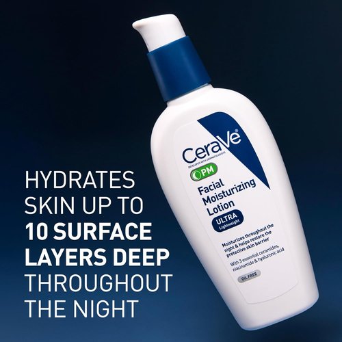 CeraVe PM Facial Moisturizing Lotion - Ultra-Lightweight Night Cream with Hyaluronic Acid & Niacinamide | 3 Ounce