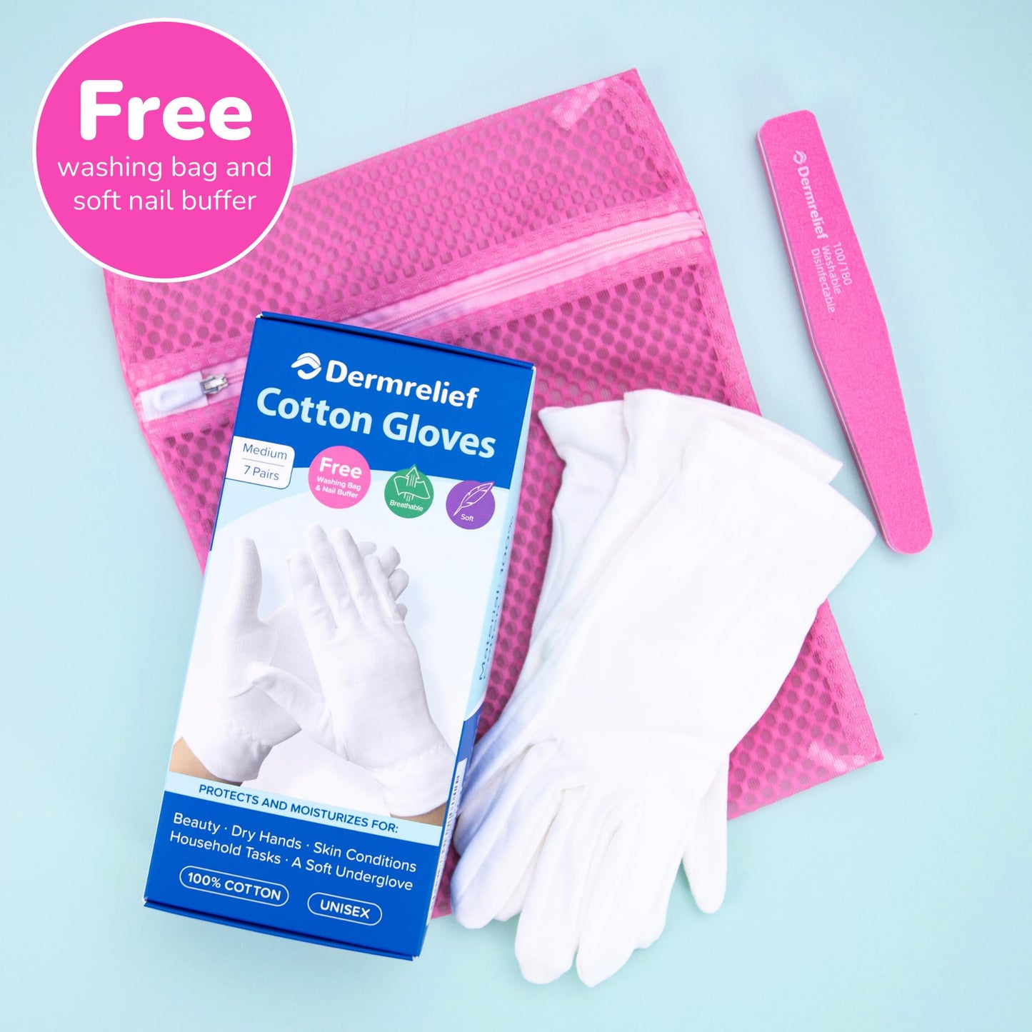 Dermrelief Cotton Gloves - for Beauty, Dry Hands, Eczema, Dermatitis and Psoriasis (7 Pairs) with Free Gifts (Professional Nail Buffer & Washing Bag) (Medium)