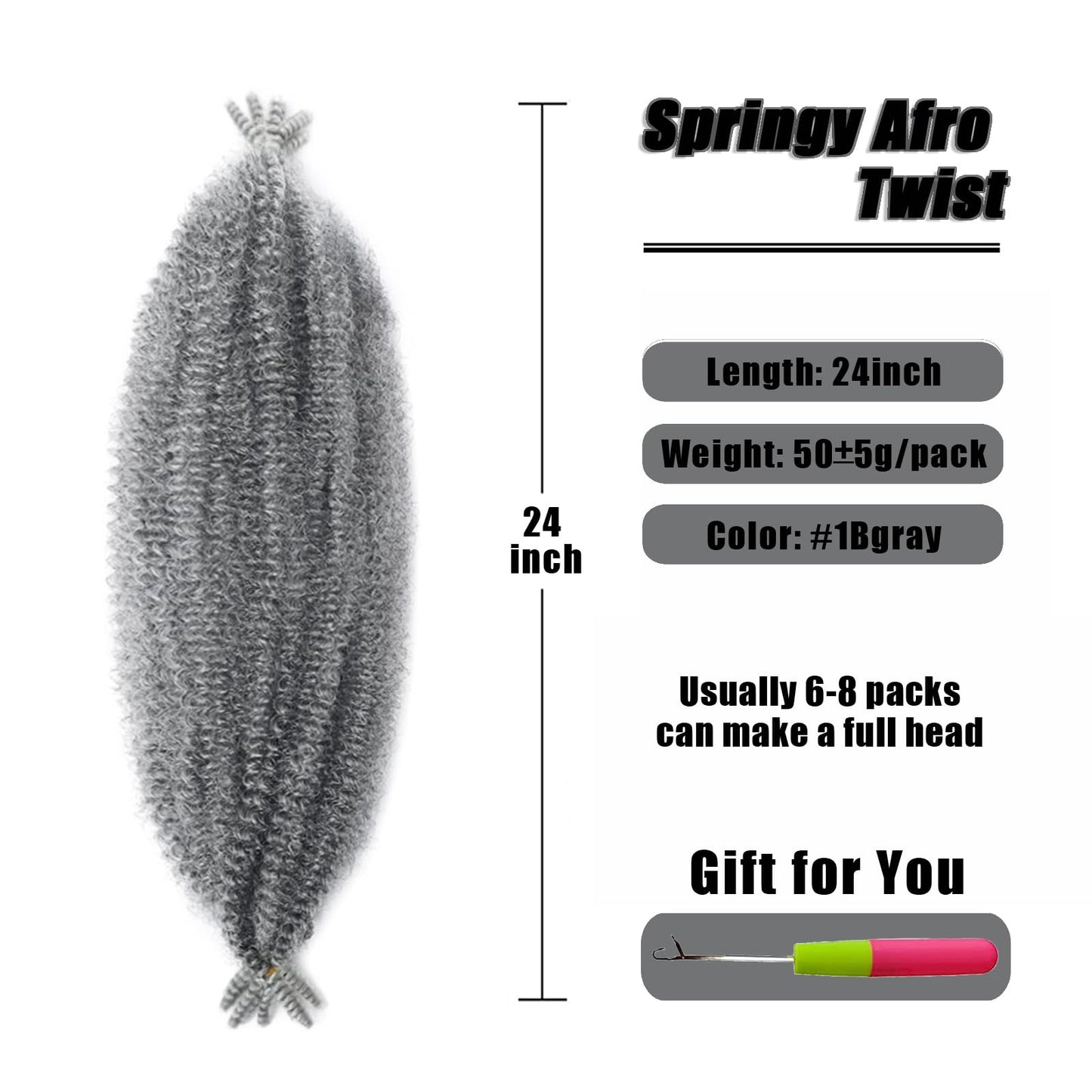 VCEOW 24 inch Grey Springy Afro Twist Hair 3 packs Pre-Separated Kinky Marley Twist Braiding Hair Soft Pre-fluffed Synthetic Crochet Hair Extensions for Butterfly Locs Spring Twist Passion Twists