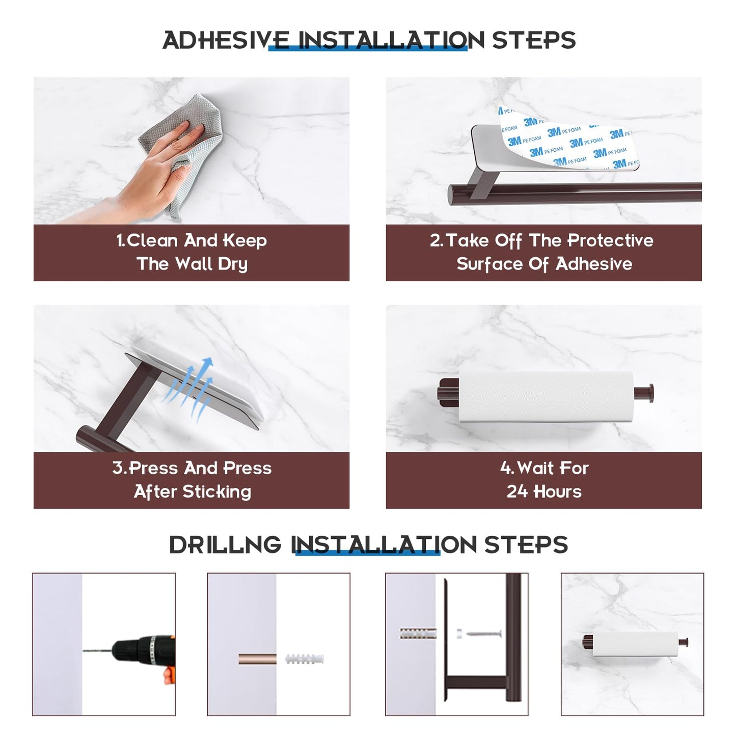 ASTOFLI Paper Towel Holder Under Cabinet No Drilling, Self Adhesive Paper Towel Holder Wall Mount for Kitchen Rack, Under Counter Napin Holder No Drill, 304 Stainless Steel Matte Black