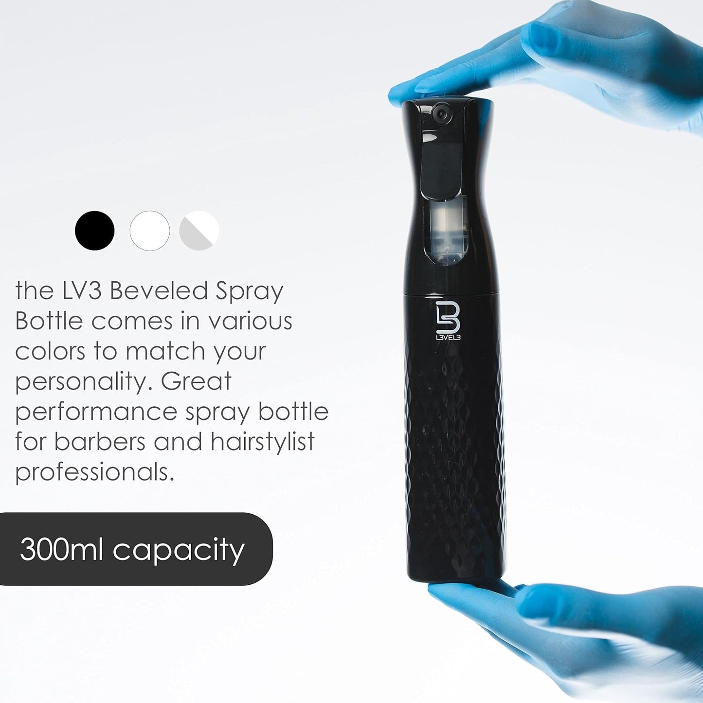 L3 Beveled Spray Bottle - Continuous Fine Mist Spray for Barbers - 300 ml Black | Less Hand Fatigue