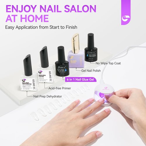 Gelike EC Gel Nail Glue for Press On Nails: 6 in 1 Strong UV Nail Glue for Nail Tips and Acrylic Fake Nail - Long Lasting 28 Days Quick Dry - Beginner Friendly DIY for Home Salon