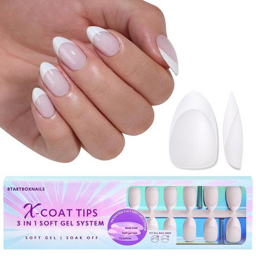 French Tip Gel Nail Tips Almond - btartboxnails XCOATTIPS Press On Nails Short, Milky White Fake Nails Pre-applied Tip Primer & Base Coat, No Need File False Nails for Home DIY