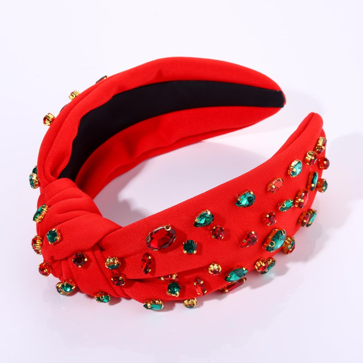 NVENF Rhinestone Knotted Headbands for Women, Crystal Beaded Jeweled Headbands, Top Knot Headbands Womens Fashion Hairbands Summer Hair Accessories (B-Christmas Red)