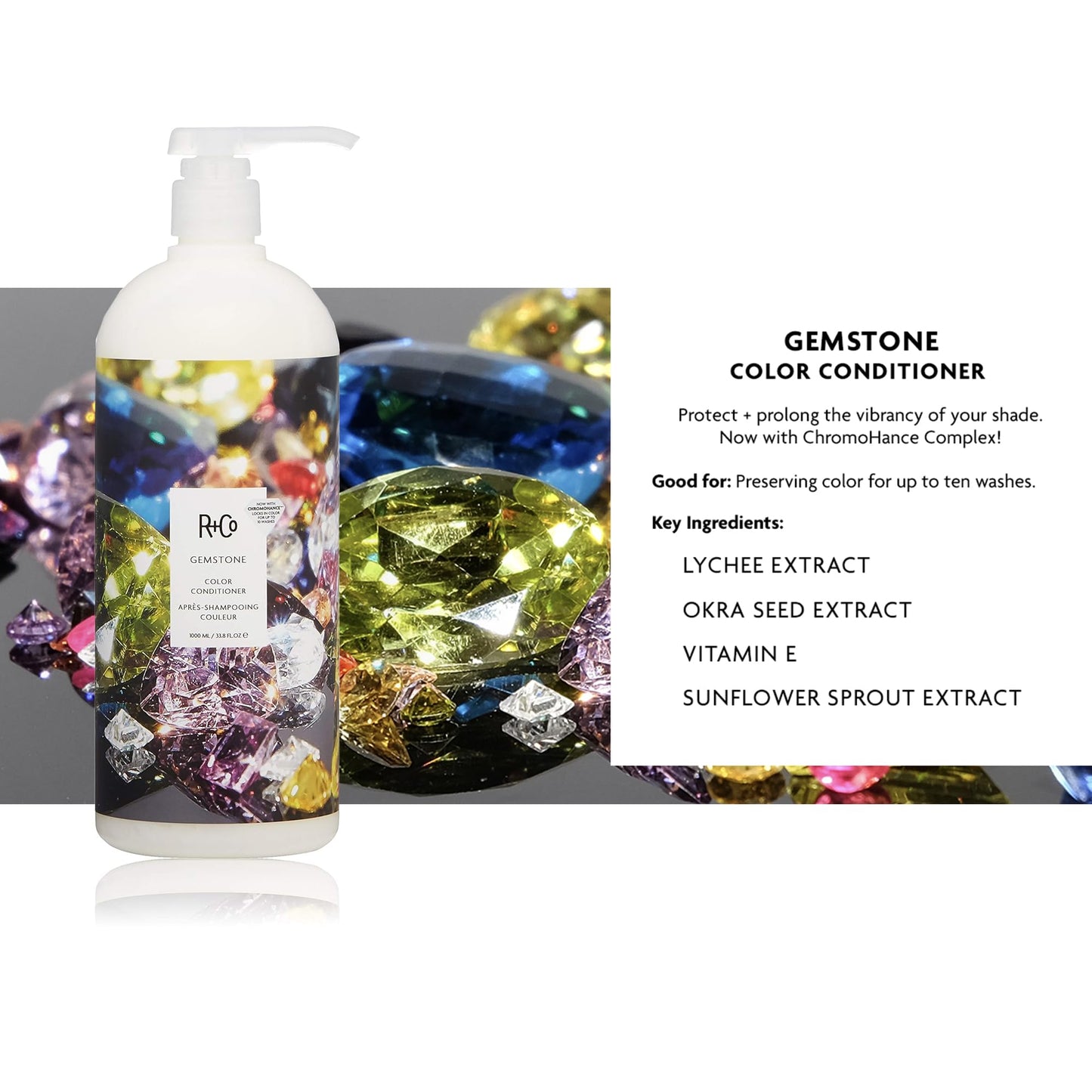 R+Co Gemstone Color Conditioner Retail Liter | Prolonged Color Vibrancy, Repairs + Nourishes Hair | Vegan + Cruelty-Free | 33.8 Oz