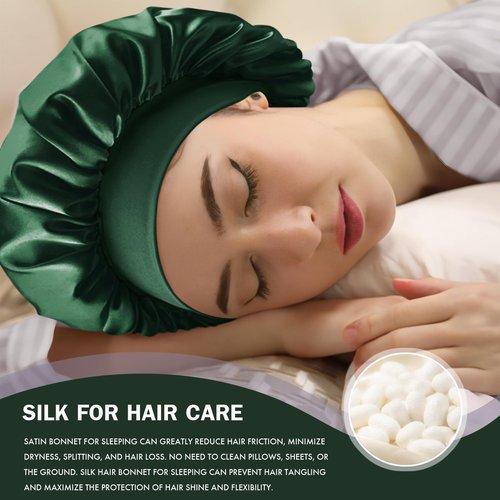 Doitory Satin Silk Bonnet for Sleeping, Double Layer Silk Sleep Cap for Men & Women, Soft Satin Lined Bonnet for Natural & Curly Hair(Dark Green)