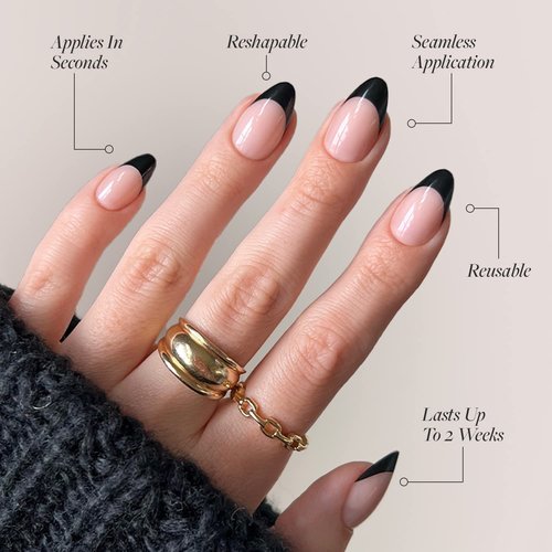 Glamnetic Press On Nails - Caviar | Semi-Transparent Short Almond Fake Nails, Salon Quality | 15 Sizes - 30 Nail Kit with Glue