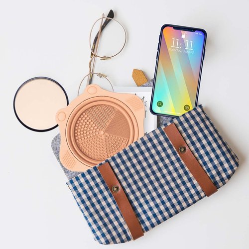 2PC Foldable Silicone Makeup Brush Cleaner Pad Bowls, YalsFTY Portable Mat Scrubber Cleaning Tool for Makeup Brushes (Khaki and Blue)