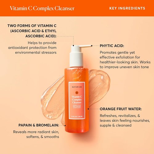 Naturium Vitamin C Complex Cleanser - Gently Exfoliating Foaming Face Wash Gel with Phytic Acid & Fruit Enzymes | 7.1 oz