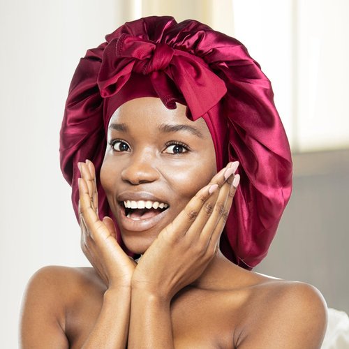 Arqumi Pack of 2 Satin Sleeping Bonnet, Large Satin Sleep Bonnet with Long Strap, Adjustable Sleep Cap Hair Bonnet for Women & Men, Purple+Red