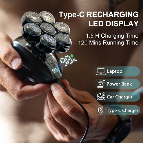 7D Floating Electric Razor by Head Shavers - IPX7 Waterproof, Magnetic Head, LED Display & Fast Charging