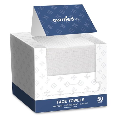Ourmed Life Disposable Face Towels - Ultra-Soft, Lint-Free Facial Towelettes for Sensitive Skin | 11"×9", 50 Count